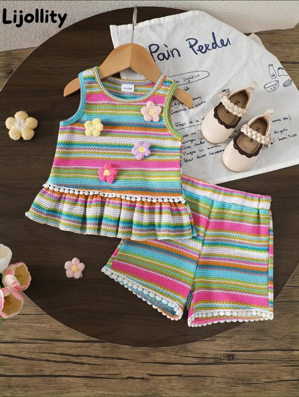 Girl's Striped Crochet Flower Tank & Short Set - Multicolor, Size 2-3Y